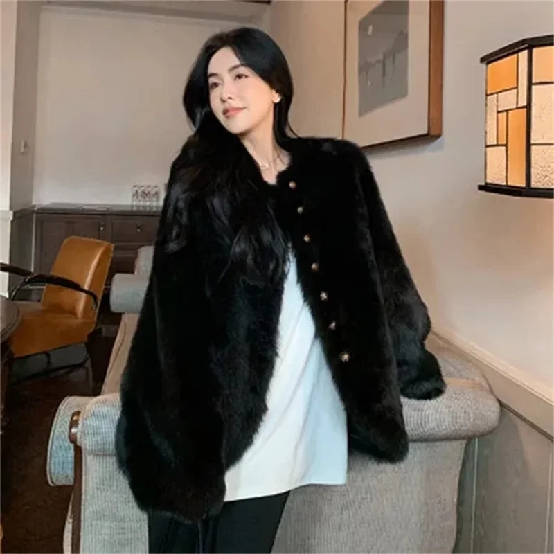 2023 New Fox Hair Imitation Youth Thickened Round Neck Fur Coat Women's Mid length Loose Fashion Korean Edition Hair Solid Color