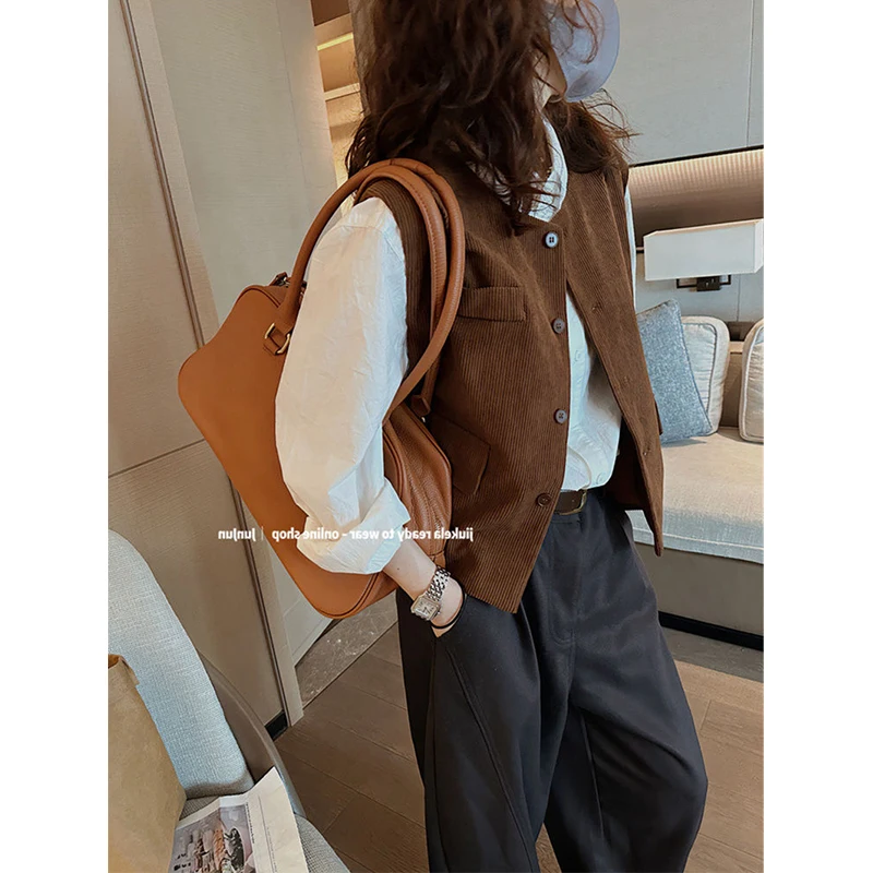 MEXZT Vintage Corduroy Vest Women Streetwear Cropped Jackets Japanese Harajuku Waistcoat Sleeveless Coats Ladies Loose Outerwear