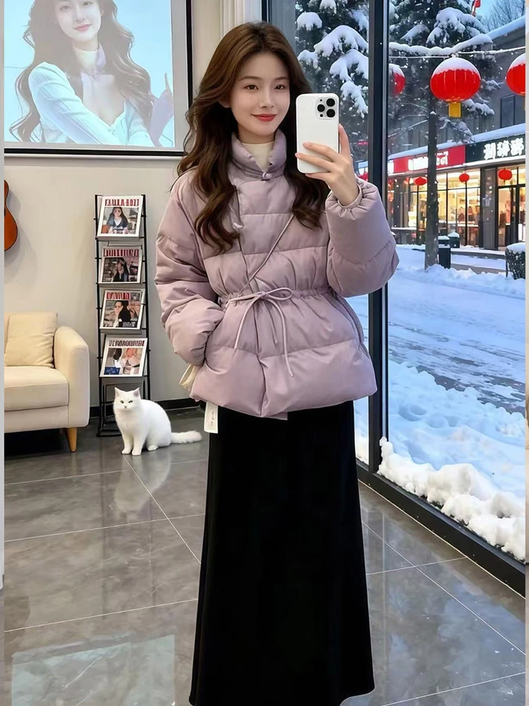 

Женский зимний утепленный пуховик с длинными рукавами из прочного хлопка, комплект: пальто с высокой талией и поясом, фиолетовое, с воротником-стойкой