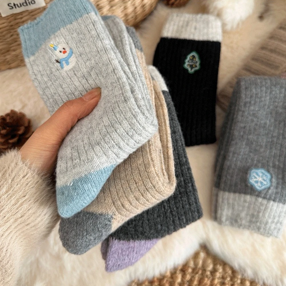 2026 New Wool Socks Women Autumn and Winter Thickened Warm Medium Tube Socks Cartoon Embroidery Cute Long Socks Christmas Gifts