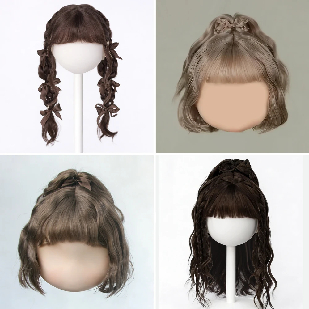 Blyth Wig Cute bow Princess wave short hair BJD Wig Soft Mohair Bangs Braid Wig half ponytail Long Wavy Hair Fit 9-10Inches Head