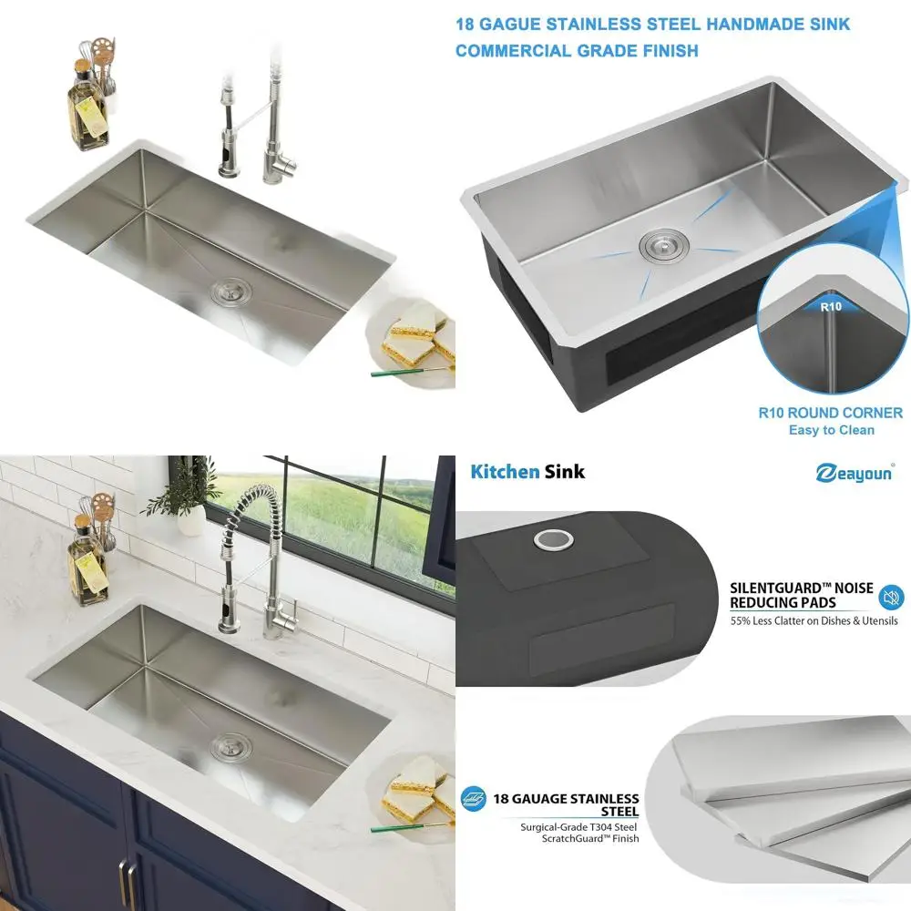 

30 Deep Single Bowl Undermount Stainless Steel Kitchen Sink, 30x18x9