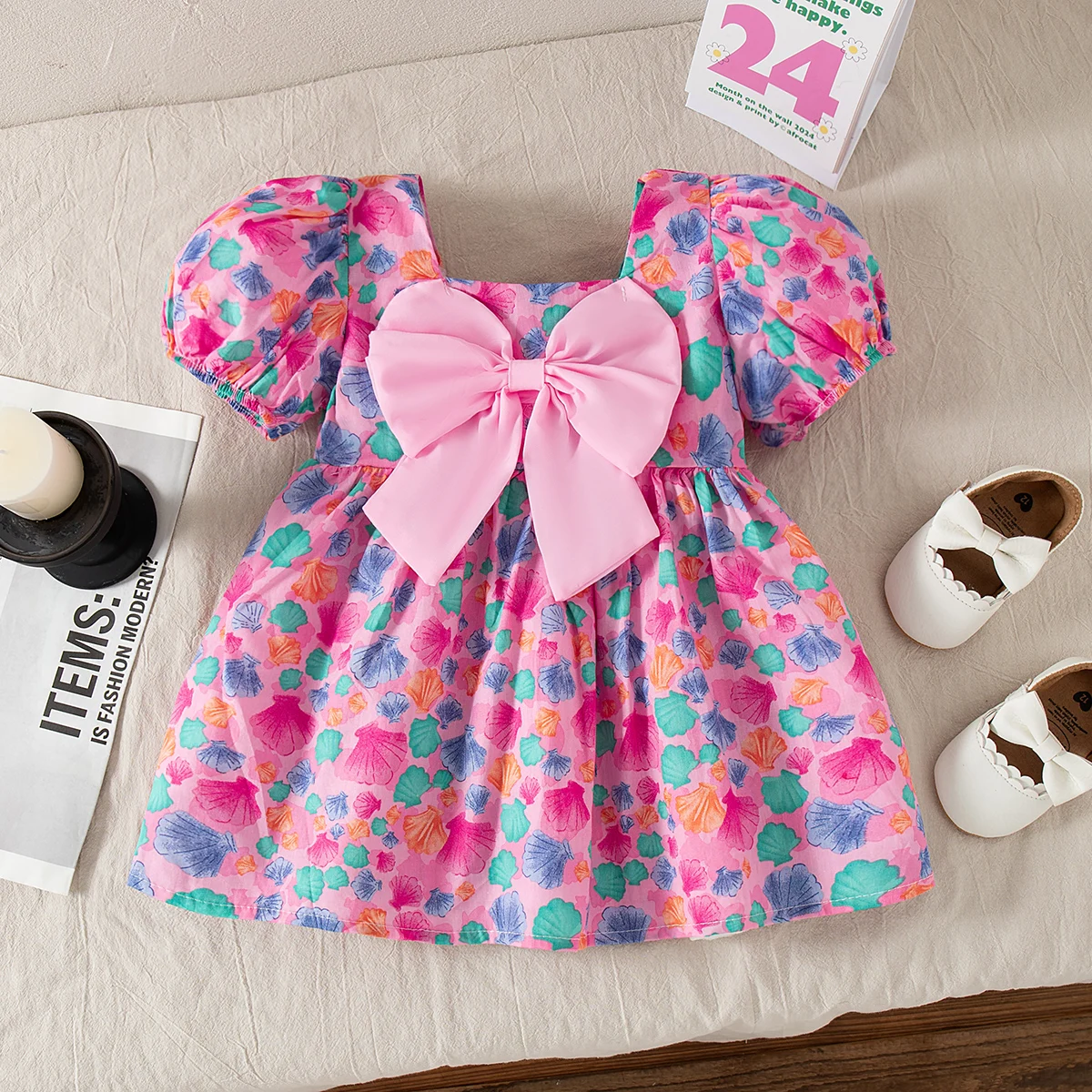 Baby Girl Dress Summer Cotton Bow Full Print Bubble Sleeve Girls Dresses Cute Fluffy Beach Baby Girl Clothing