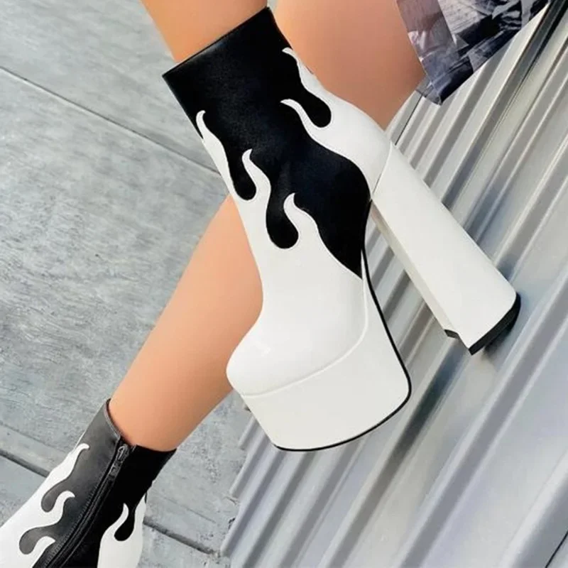 

Plus Size 47 Patchwork Chunky Ankle Boots Black White Leather Super High Platform Square Heels Winter Spring Autumn Shoes