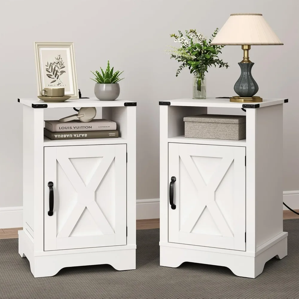 

Nightstand Set of 2,End Table with Charging Station,Tall Farmhouse Bedside Table with Large Storage and Shelf, Wooden Side Table