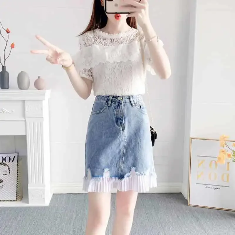 2 Pieces Sets for Women Lightly Cooked Skirt Denim Woman Outfit Commuting Short Sleeve Clothing New Arrivals Formal Event Korea