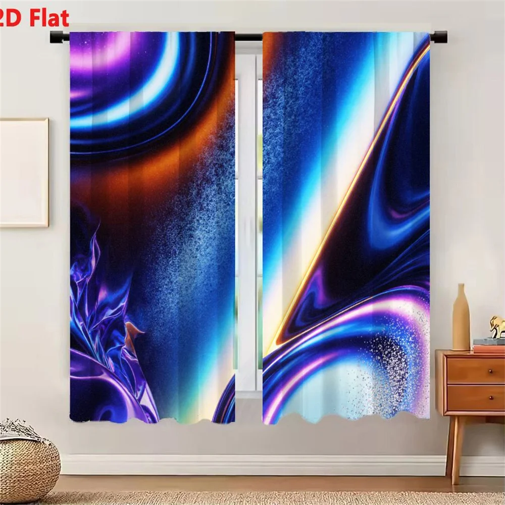 2Pcs Curtains 2D Flat Abstract Fluid - Like Artwork Vibrant Iridescent Colors Swirling Shapes Purple Blue Orange Glowing Lines S