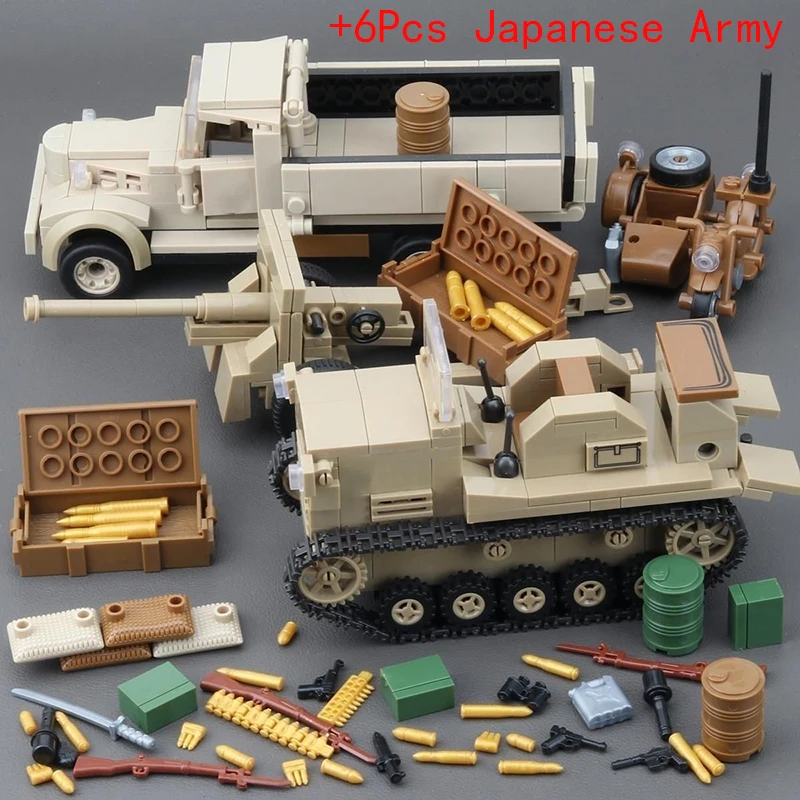 Military Japanese Army Truck Cannon Weapon WW2 89 92 Heavy Armored Vehicle Type Battle Tank Building Blocks Bricks Model Toys