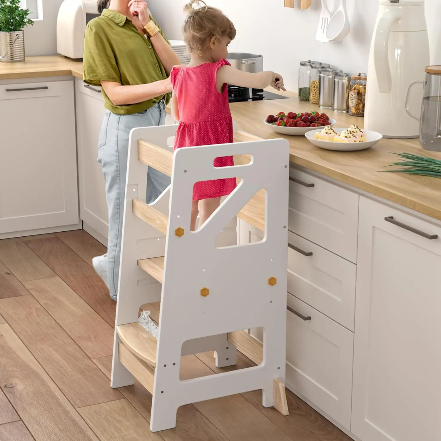 Adjustable Toddler Standing Tower – Complete Toddler Stool Helper with Safety Rail – Ideal Kids Learning Step Stool for Cooking,