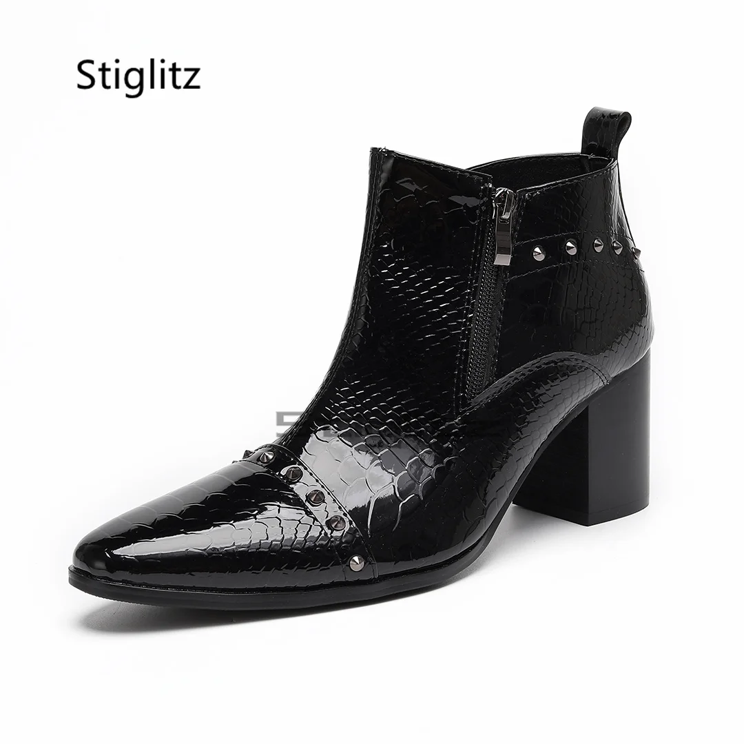 

Red Patent Leather Ankle Boots for Men High Heels Rivets Boots British Stylish Pointed Toe Autumn Winter Party Wedding Shoes