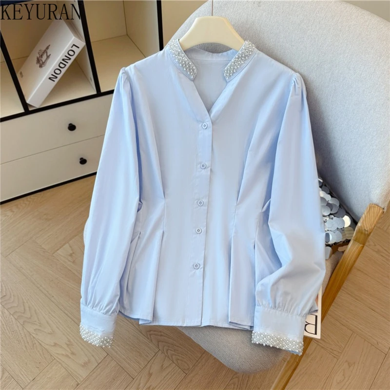 

Весенне-осенние рубашки и блузки с v-образным вырезом и длинными рукавами, женские топы, корейские модные винтажные однотонные элегантные Blusas Mujer Camisas