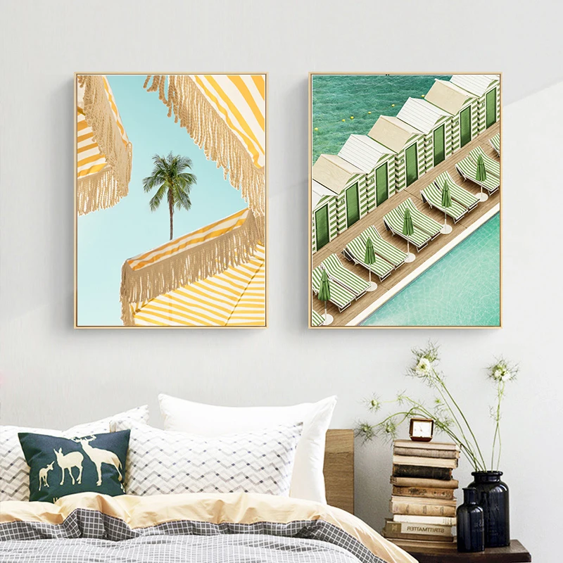 Poolside Parade Palms Sunny Coast Seascape Wall Art Print Poster Painting on Canvas Decorative Landscape Pictures Living Room