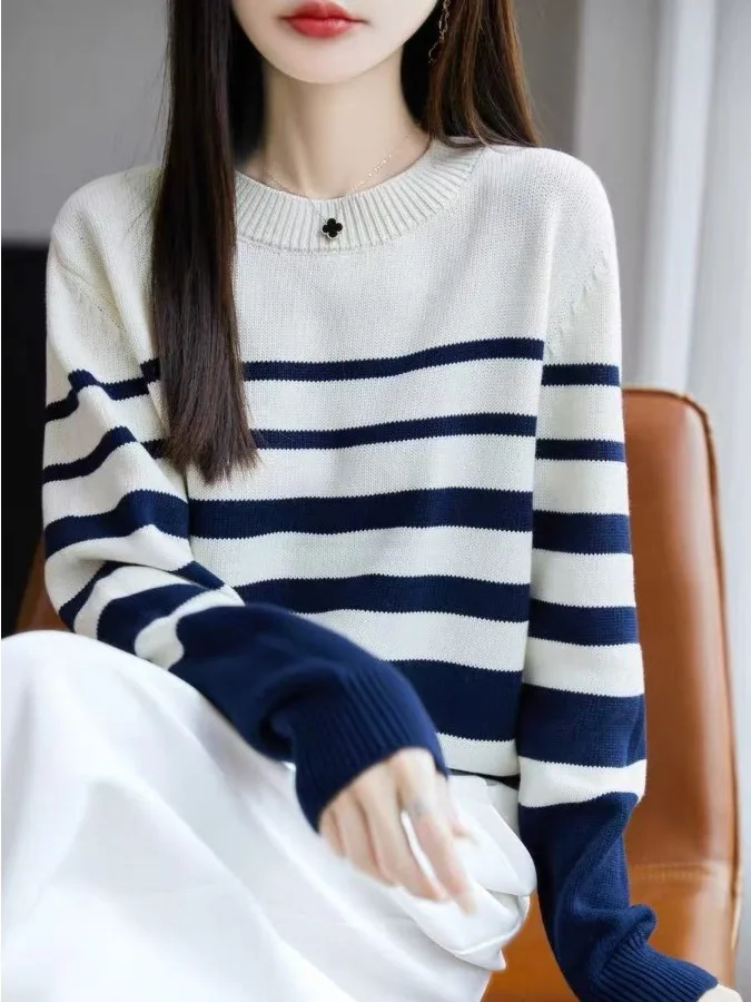 

Women's Loose Knitted Wool Sweater Stripe Pattern Warm Base Layer Top Casual Style Long Sleeve round Neck Knitwear