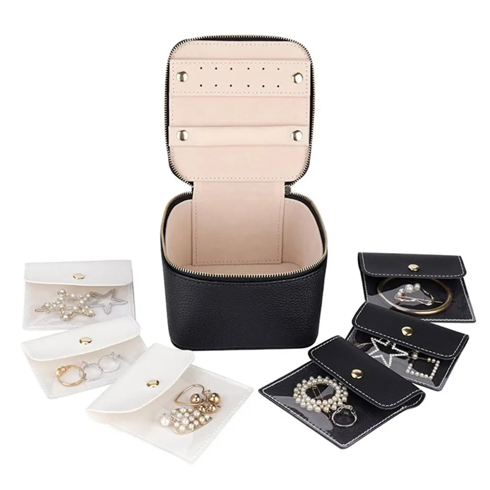 Genuine Leather Jewelry Display Box Large Capacity Multi-function Earrings Storage Case Simple Zipper Jewelry Packing Bag Gift