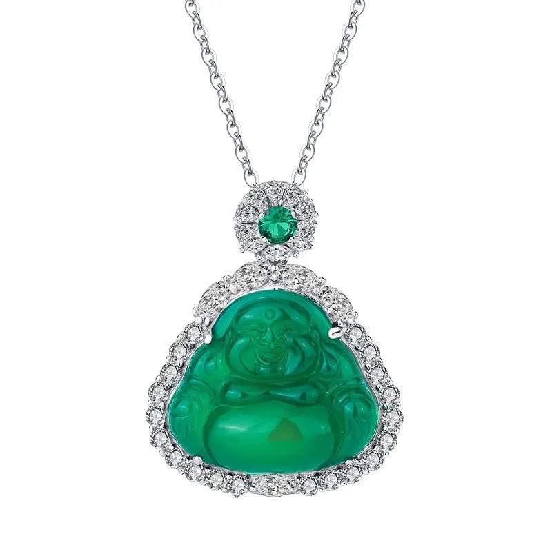 Jewelry S925 Silver Ice Chalcedony Buddha Pendant Necklace for Women