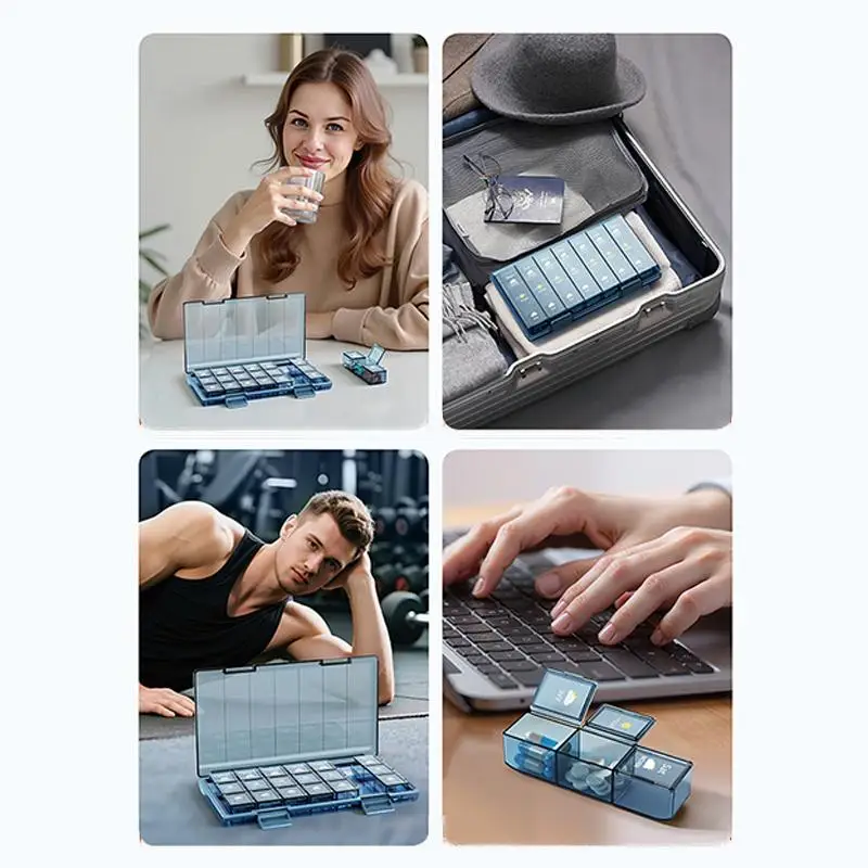 Wöchentlicher Pillenorganizer, 7-Tage-Pillenbox, 3/4-mal täglich, Pillenbox mit 21/28 Fächern, großes Fassungsvermögen, feuchtigkeitsbeständig, wasserdicht, versiegelbar – Detail 8