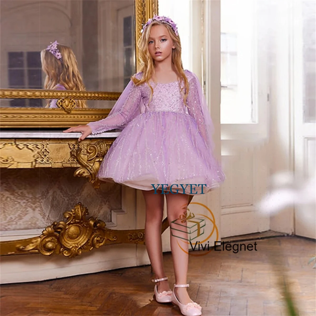 

Charming Full Sleeve Flower Girls Dresses with Sequined 2023 Summer Christmas Gowns Knee Length Tutu Zipper Back Robe