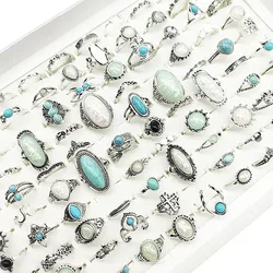 50pcs/Lot Wholesale New Big Opal Stone Finger Rings For Women Bohemia White Enamel Acrylic Water Drop Carved Hollow Jewelry Girl