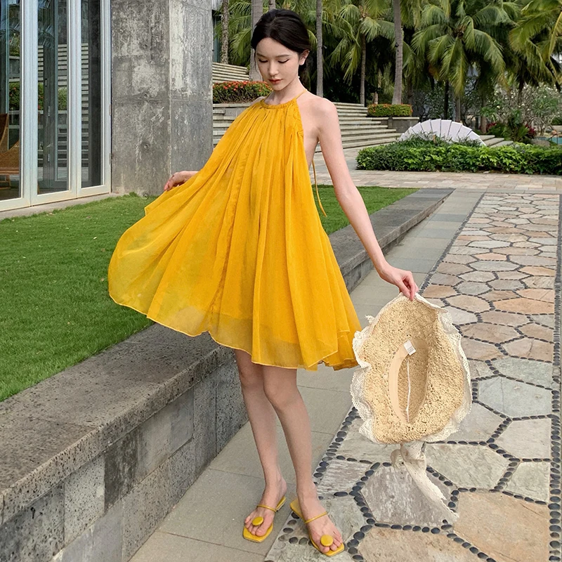 Ethereal and Flowy Yellow Bandeau Sling Halterneck Skirt Backless Atmosphere Seaside Vacation Style Fairy Beach Dres