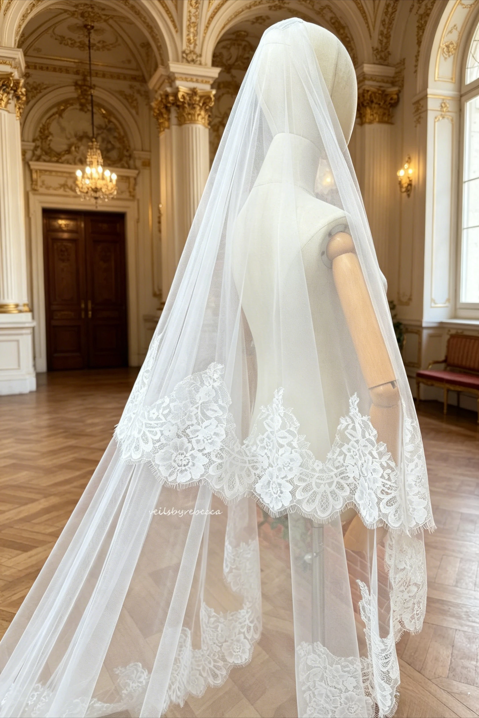 2 Tiers Floral Chantilly Lace Cathedral Wedding Veil Wide Chantilly Lace Bridal Veil Drop Veil with Blusher Soft Tulle Mantilla