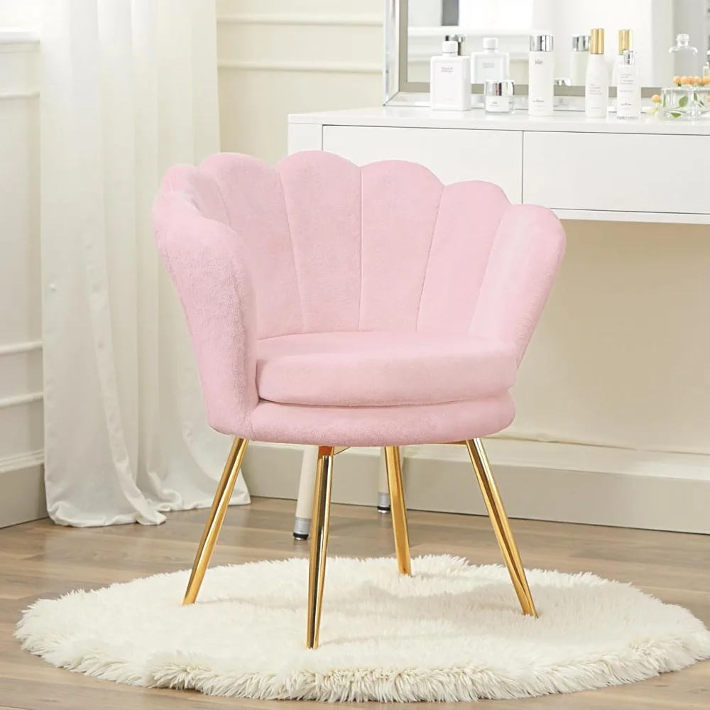 

Fluffy Faux Fur Vanity Chair with Back, Mid-Century Modern Small Accent Chair for Living Room, Golden Metal Legs Upholstered Ma