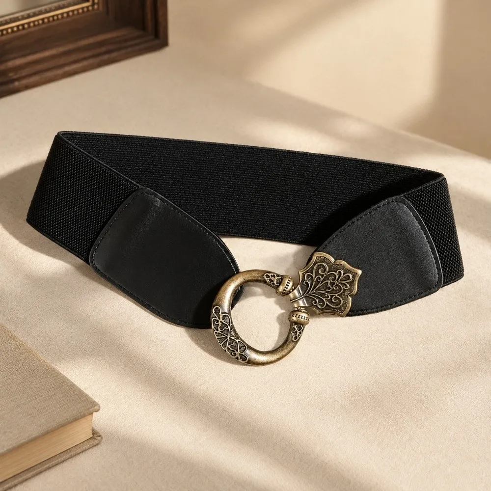 All-Match Wide Elastic Waist Belt Engraved Buckle Stretch Bohemian Waistband Textured PU Decorative Belt Coat