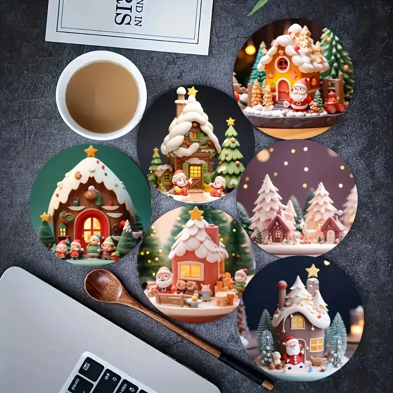 2D Christmas Elements Santa Claus Snowy Scenery 4in Wooden Coaster Colour Printing Cup Mat Home Desk Decoration Gifts