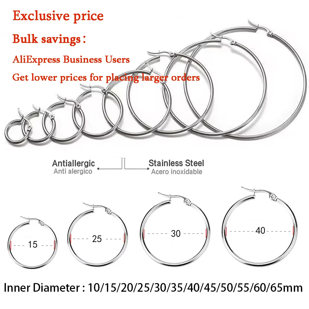 LUXUSTEEL 2Pcs 10-70mm Hoop Earrings For Women Men Stainless Steel Silver Color Round Small Big Circle Huggies Punk Jewelry