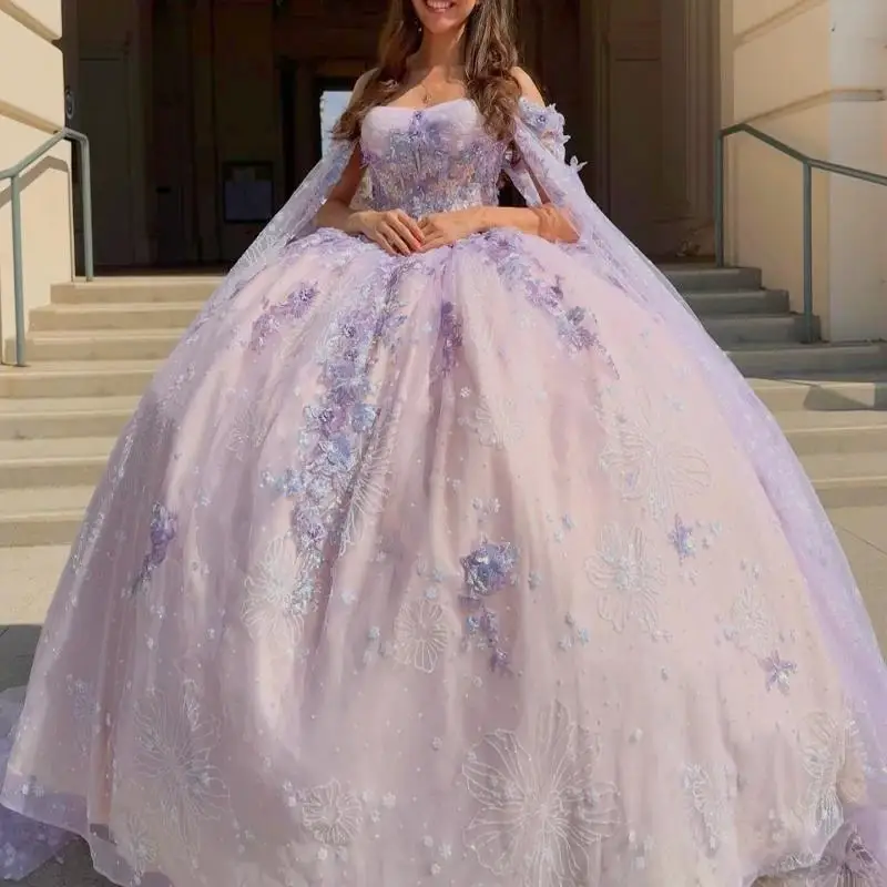 Vestidos de quinceañera de lavanda personalizados con hombros descubiertos, apliques de lentejuelas de princesa, cuentas de flores, tul con capa, parte dulce de 16 cumpleaños