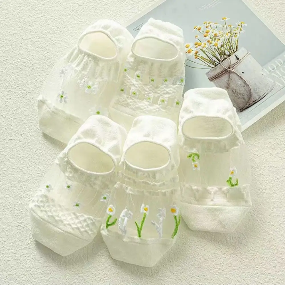 10Pairs Simple Floral Glass Silk Boat Socks Breathable Sweet Flower Invisible Socks Glass Silk Thin Mesh Short Sock Summer