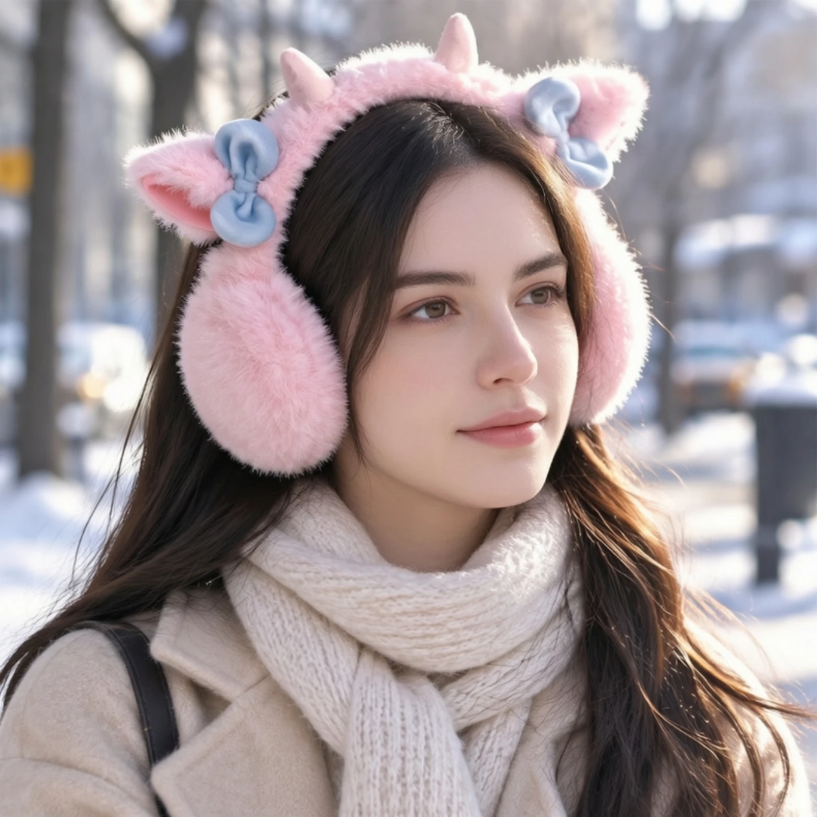 動物の耳の形をした、リボンがあしらわれた、暖かく柔らかいイヤーマフ。折りたたみ可能で、ヘッドバンド付き。柔らかく、かわいらしいデザイン。