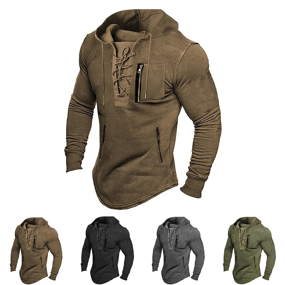 Mens Hoodie Solid Color LaceUp Zip Pockets Sweatshirt Comfortable Casual