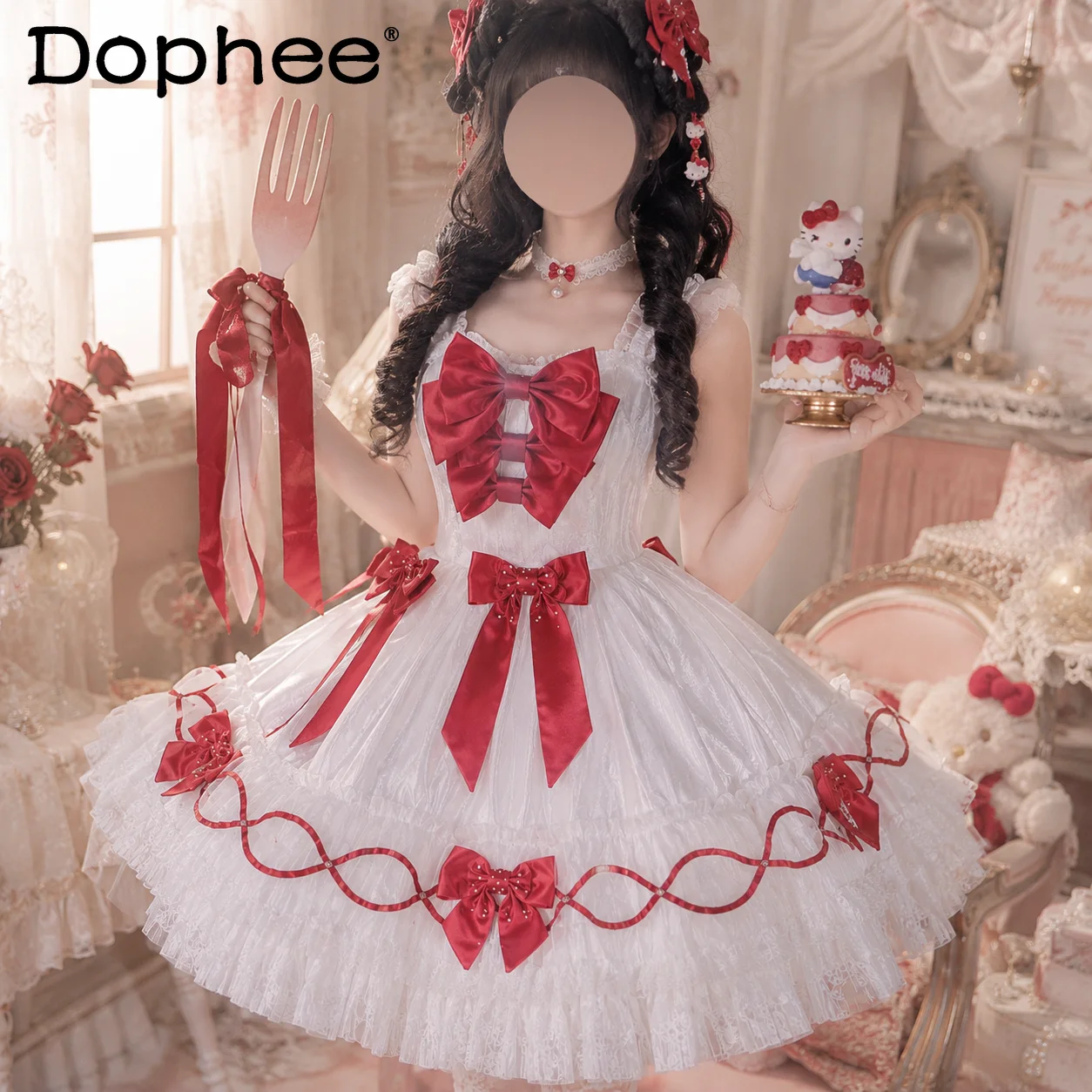 

Sweet and Cute Girl Japanese Original Lolita Jsk Dress Red Bow Princess Style Birthday Party Fluffy Suspender Dress