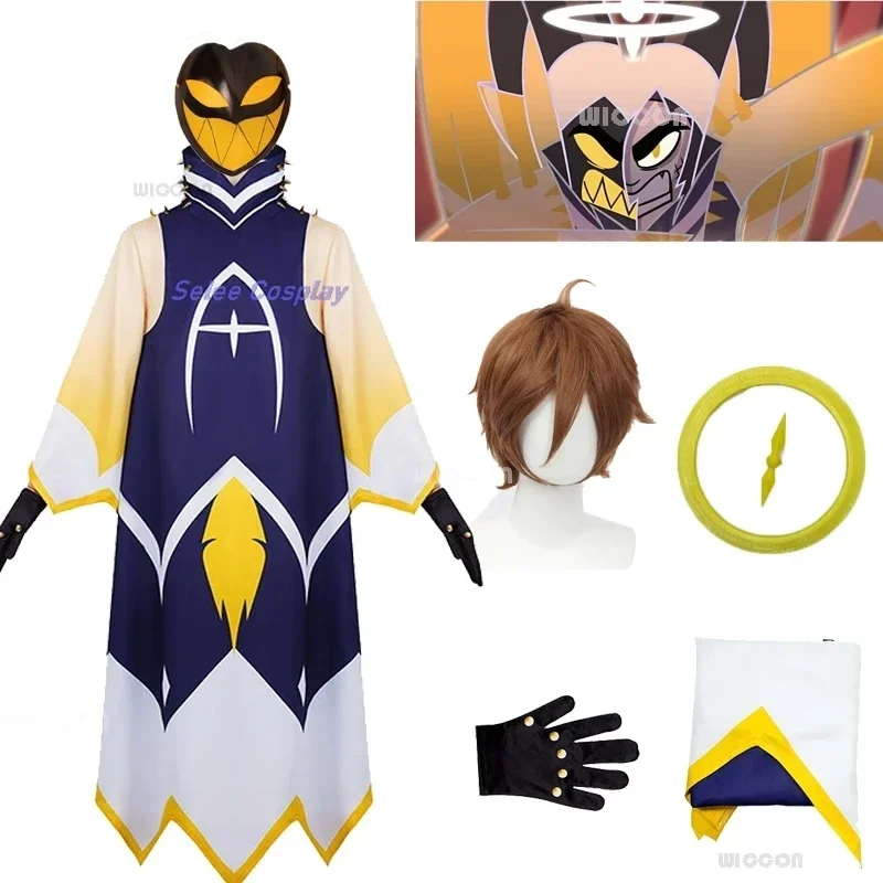 Anime Adam Als Menselijk Hazbin Cosplay Blauw Kostuummasker Pruik Hotel Angel Halo Kleding Uniform Cosplay Gewaad Cosplay Halloween Party