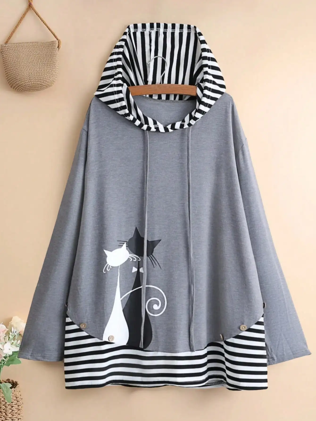 

Plus Size Women Cartoon Cat Print Dropped Shoulder Long Sleeve Striped Hooded Casual T-Shirt, Spring & Fall Graphic Tees Women T