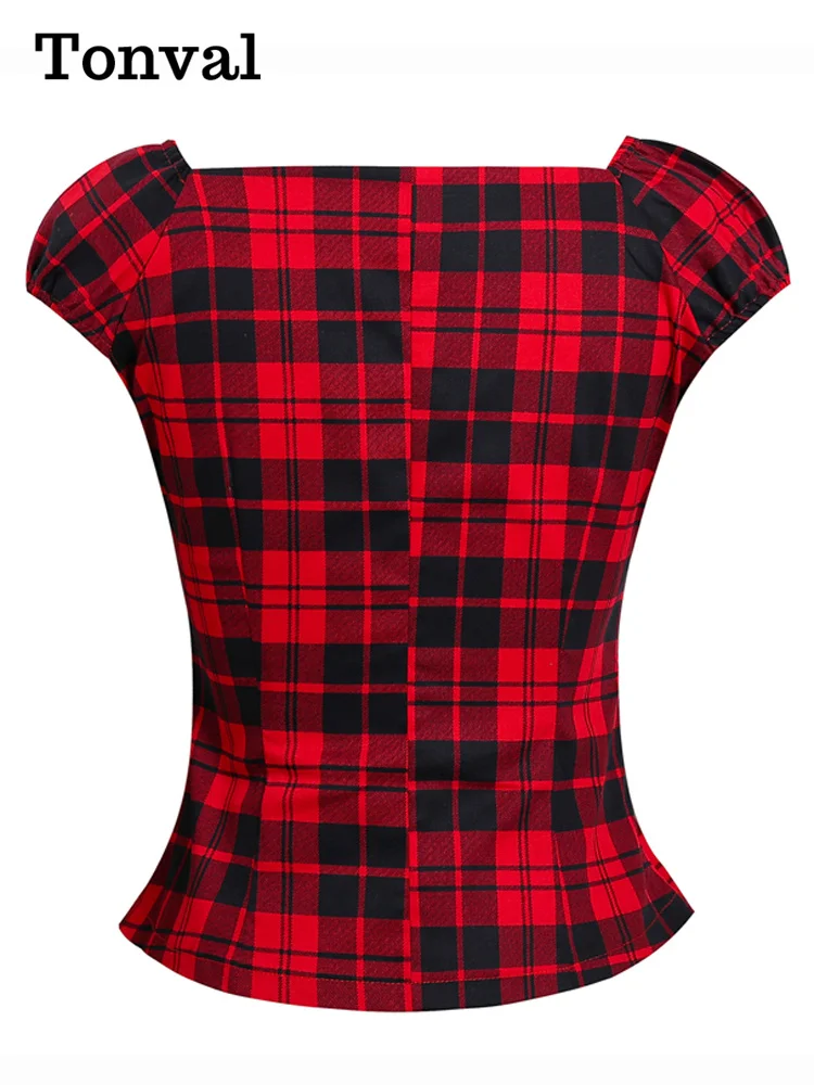 Tonval Square Neck Red Plaid Vintage Blouse Women 50s Clothes Button Front Cap Sleeve Summer Cropped Tops and Blouses