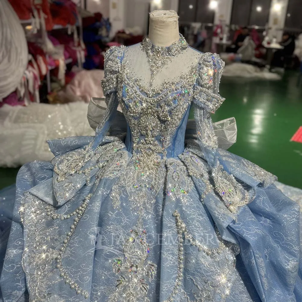 Brand New Shiny Quinceanera Dresses Ball Gown Sequins High-neck Beading Long Sleeves Princess Party Customized 16 Dress Lace-Up