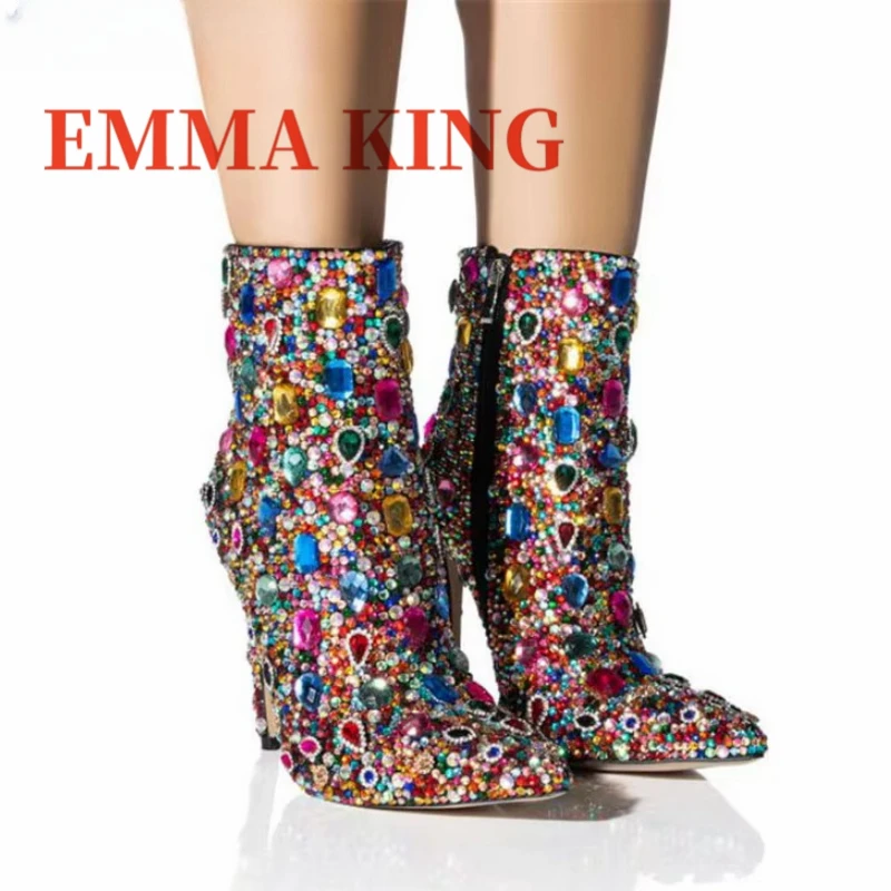 

Женские разноцветные ботильоны с кристаллами, пикантные коктейльные ботинки на шпильке со стразами, женская блестящая обувь для вечеринок, Botas De Mujer
