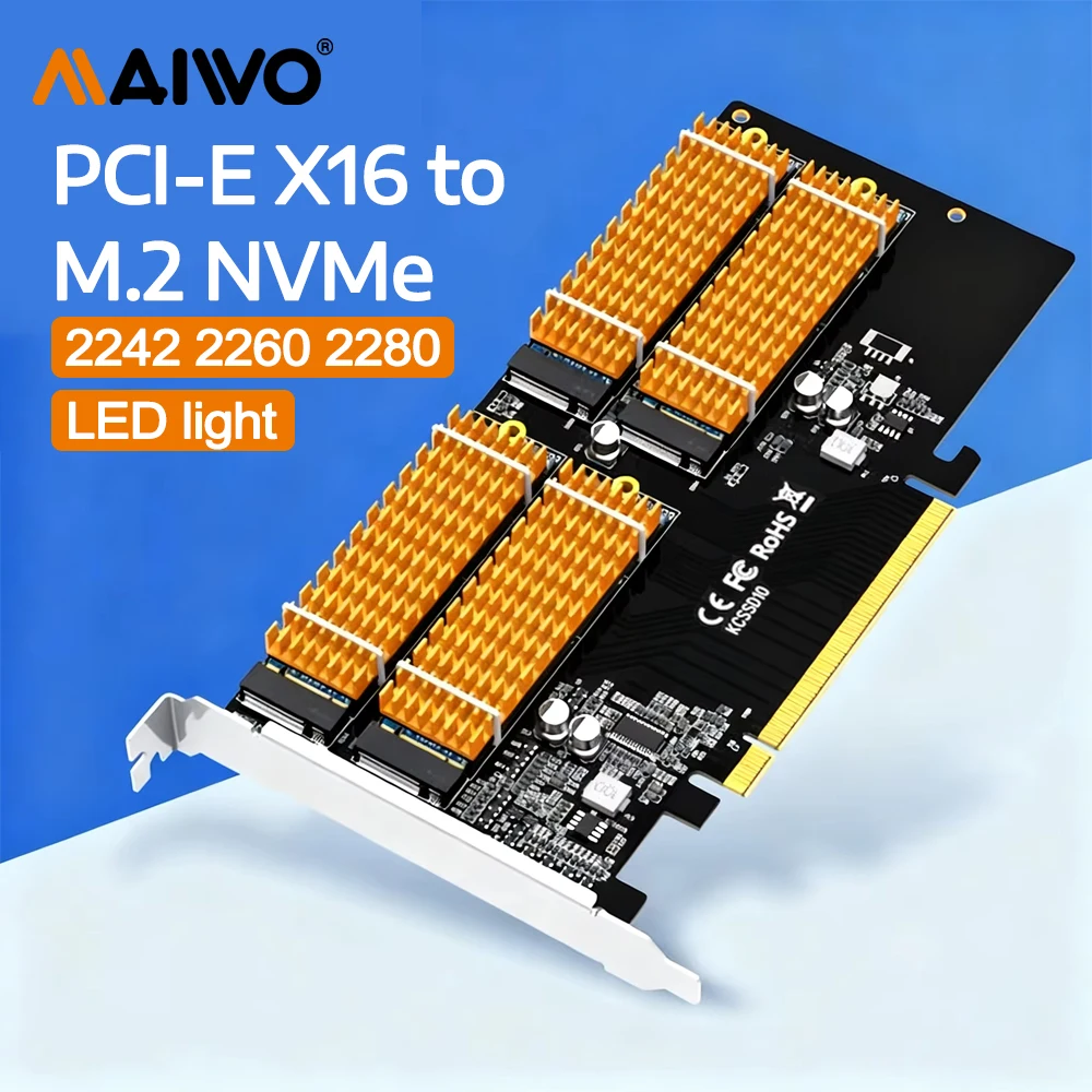 

MAIWO 4 Bay Raid Array Card Expansion Card PCIe 3.0 to M.2 NVMe SSD Converter PC Motherboard PCI-E X16 for 2242 2260 2280mm ssds