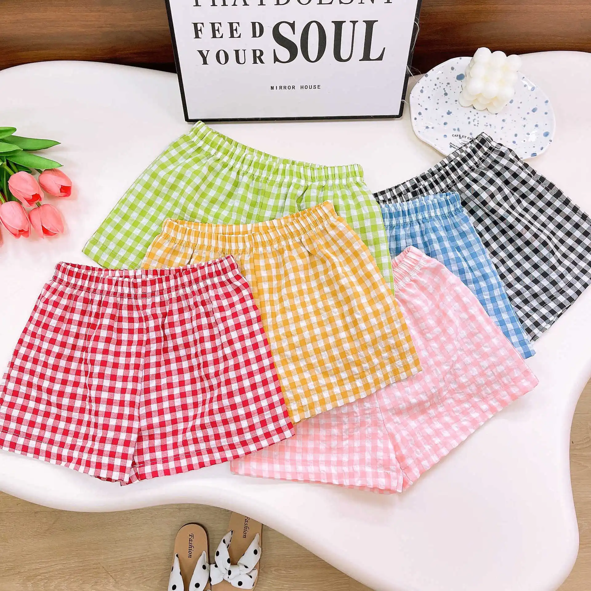 2024  Summer Girls Boys Casual Thin Plaid Cotton Shorts