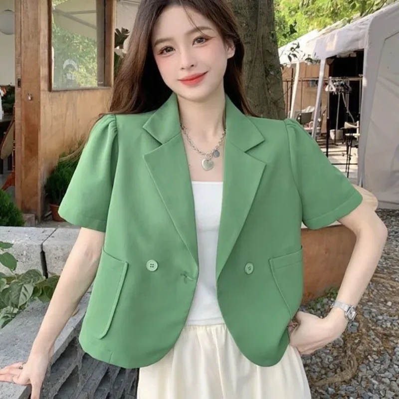 Casual Tailored Coats for Women Korean Style Short Sleeve Summer Clothing Chic Girls Loose New All-match Solid Double Breasted