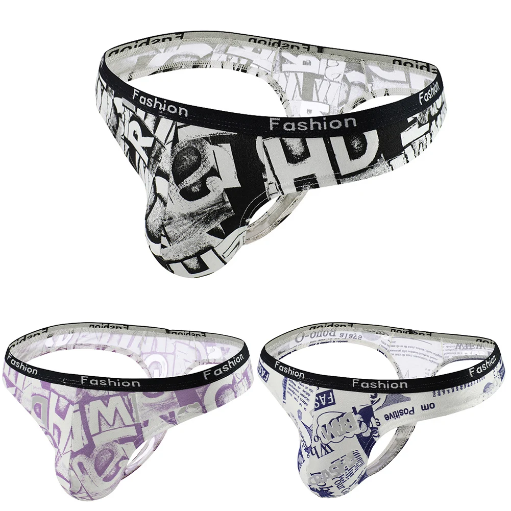 メンズプリントコットンTバック下着、Gストリング、ソフトなTバックスタイル、膨らみポーチ付き、通気性があり快適なアンダーパンツ