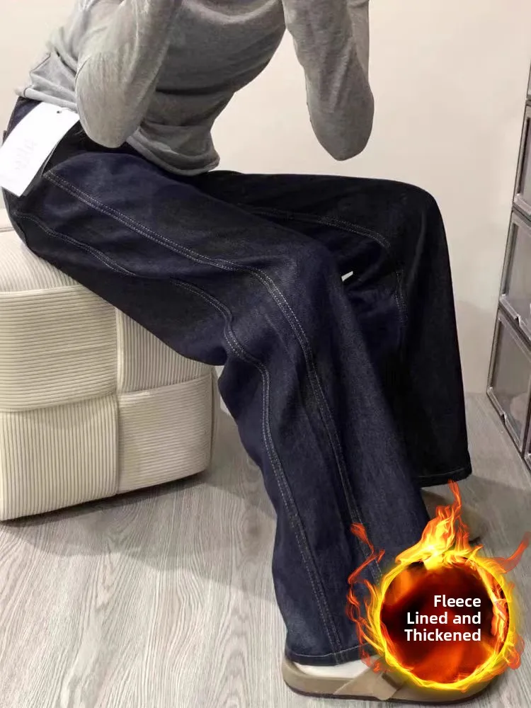 plus Size High Waist Thiened Fce Wide Leg Jeans Women's Slim Fit Casual Sle Winter Anti-Wrinkle Jeans Straight Tube Pants