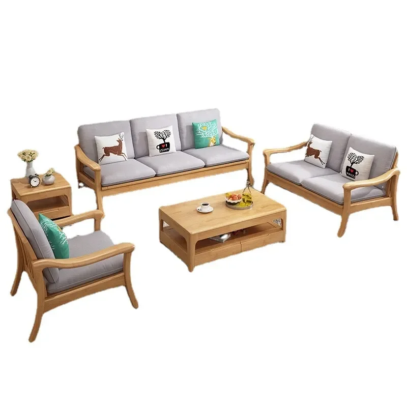 Nordic Style All Solid Wood Sofa Three Seater Wooden Log Couch for Living Room Small Apartment Winter Summer Furniture