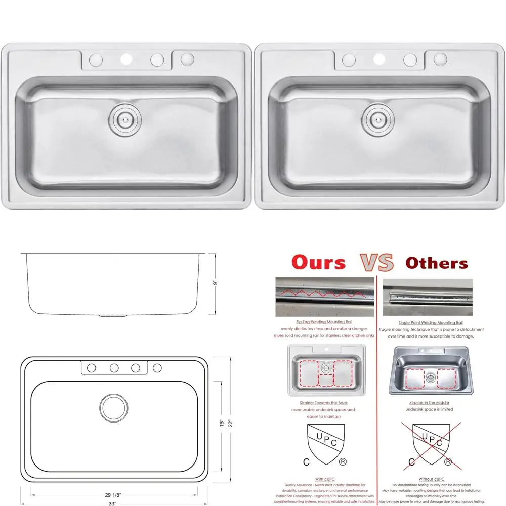 

Кухонная мойка из нержавеющей стали 33, одинарная чаша, для врезной или накладной установки