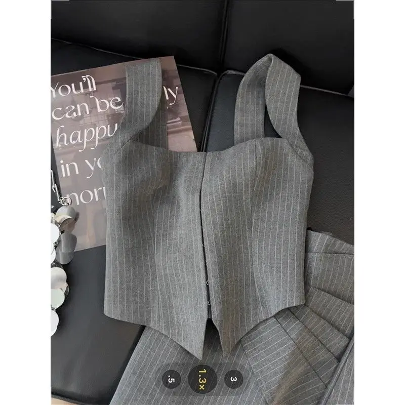 

Miiiix Grey Striped Suit Skirt for Spicy Girls with A High-end Suspender Vest and Pleated Design Short Skirt Two-piece Set