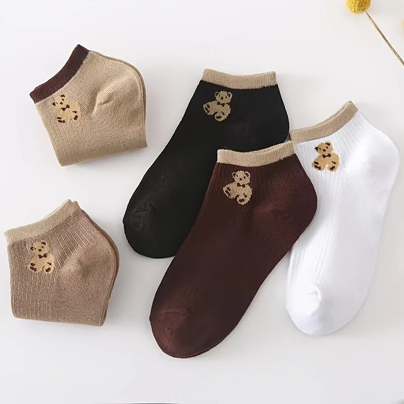 5 Paar kurze Bären-Socken für Damen im Frühling und Sommer im japanischen Stil, vielseitige, tief ausgeschnittene Bootssocken im College-Trend