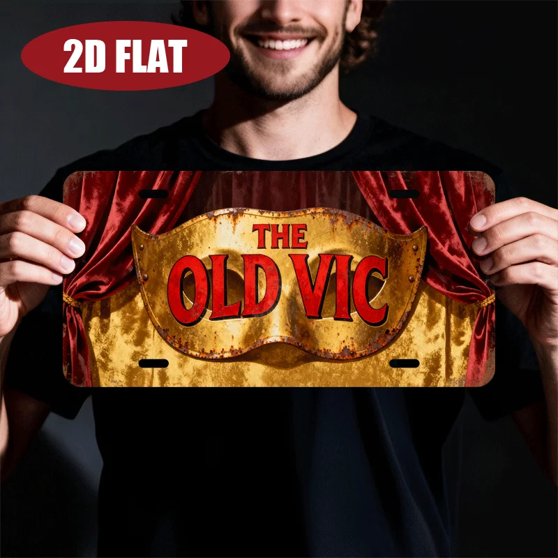 2D Flat, 2D Flat - 1 Old Vic Theatre Vintage Aluminum Wall Decoration | 30.48x15.24 cm, Golden and Red Accents, Durable Aluminum