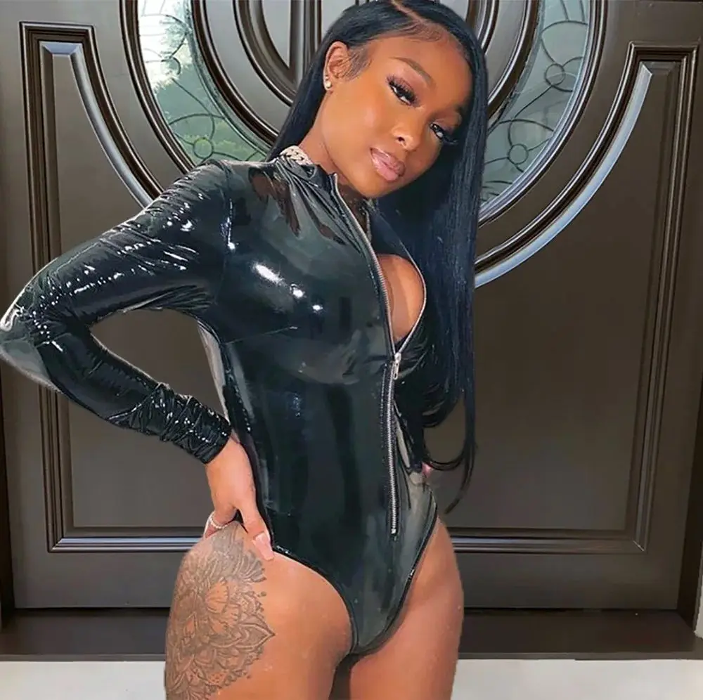 Sexy Women's Skinny PU Leather Par Bodysuit One-Ne Long S Low Waist ort Pants Han Hanma Fabric Ladies Jumpsuit