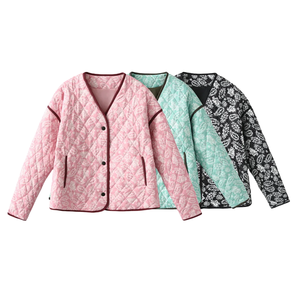 

Autumn New Women's Clothing INS Contrasting Border Pink Print V-Neck Loose Patchwork Cotton Jacket Jacket Jacket
